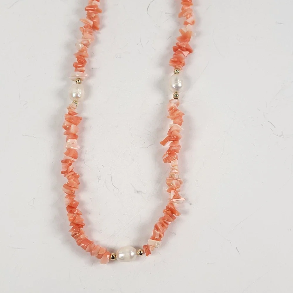 Vintage Pink Coral Chip Necklace Freshwater Pearls 14K Gold Spacers 34